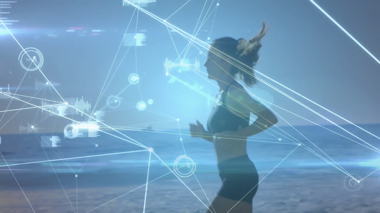 Jogging on beach, woman surrounded by digital data network animation overlay