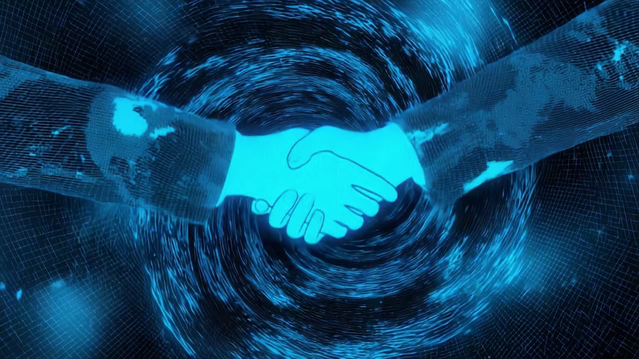 Two digital avatars shaking hands, symbolizing a business deal or partnership agreement inside a futuristic blue metaverse tunnel, representing innovation, global connection, and virtual reality