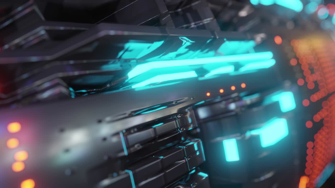 Motion graphic 4K seamless loop of abstract technology background, led and flickering particles. Animation of electric circuit signal with light glow and Bokeh.