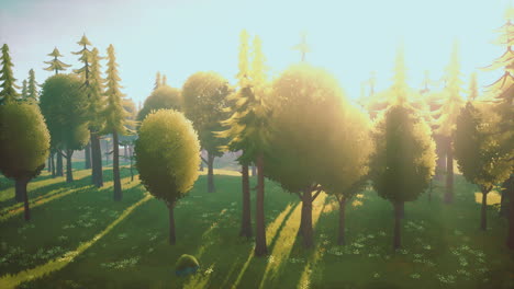 cartoon green forest landscape with trees and flowers