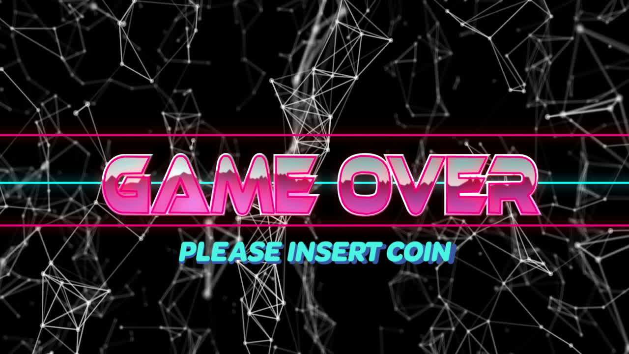 Neon pink GAME OVER text glowing center displaying cyan PLEASE INSERT COIN with magenta cyan lines