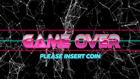 neon pink game over text glowing center displaying cyan please insert coin with magenta cyan lines
