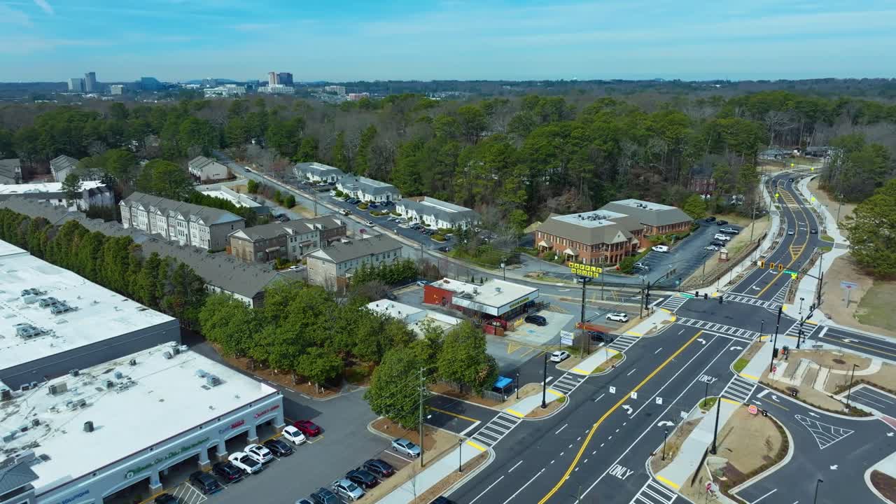 Fly Over Shopping Center Areas Of Dunwoody In DeKalb County, Georgia, United States. Aerial Drone Shot