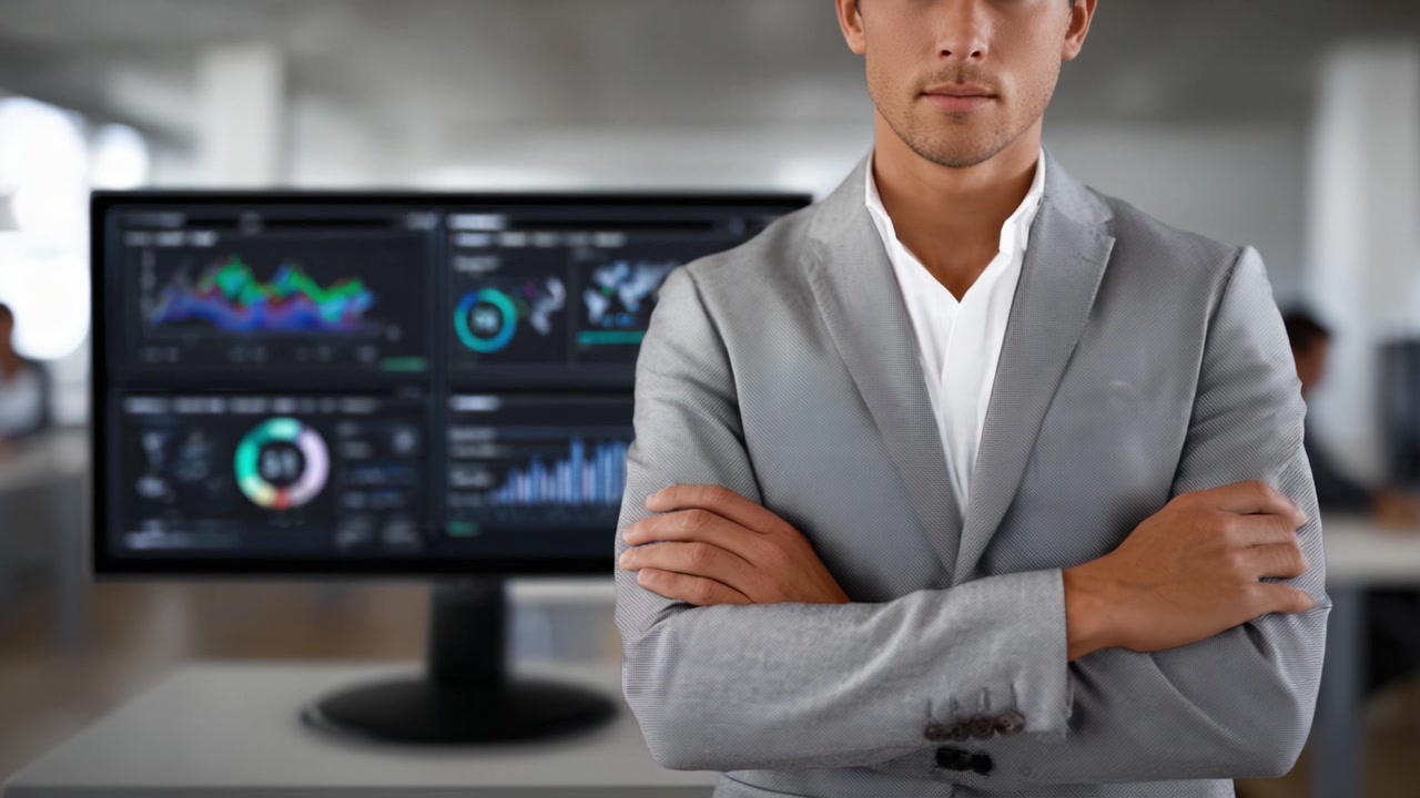 Professionel forretningsmand i et moderne kontormiljø med dataanalysediagrammer vist på computerskærmen, der demonstrerer fokus og ekspertise inden for finans.