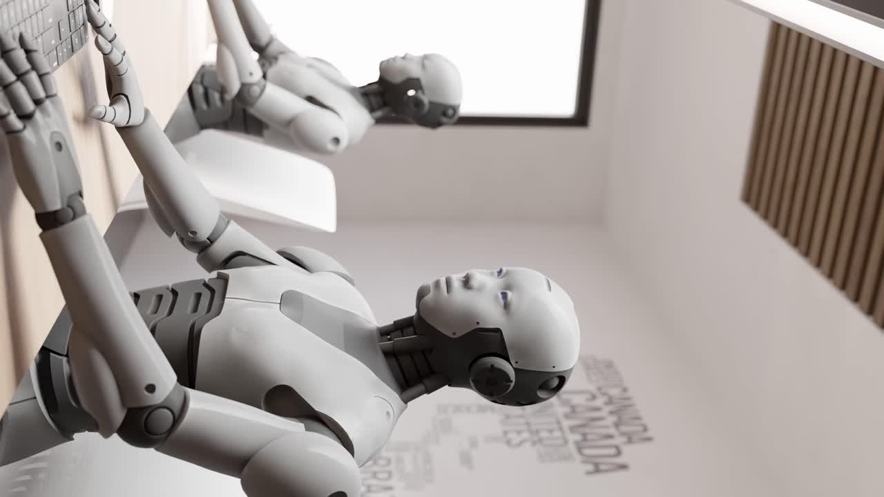 primo piano di un robot umanoide futuristico in ufficio mentre chatta con un cliente sul sito web e aiuta a curare l'animazione di rendering 3d