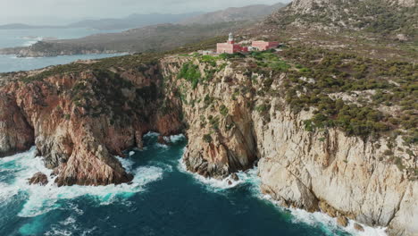 faro di capo spartivento, sardinia: wonderful aerial view in orbit of the coast and the beautiful lighthouse