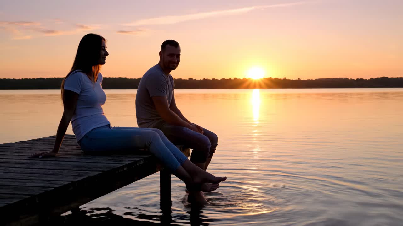 Couple enjoying a sunset on a lake pier