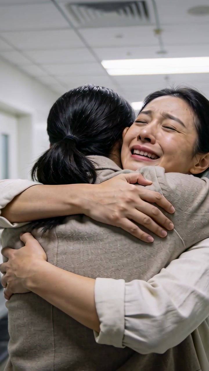 Vertical video: Hugging two women in blouses seeking comfort after bad hospital news, lights