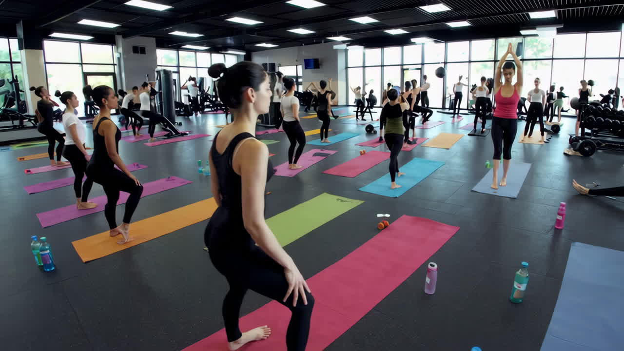 clase de yoga en grupo en un gimnasio