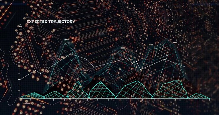 Animation of integrated circuit and graphs on black background