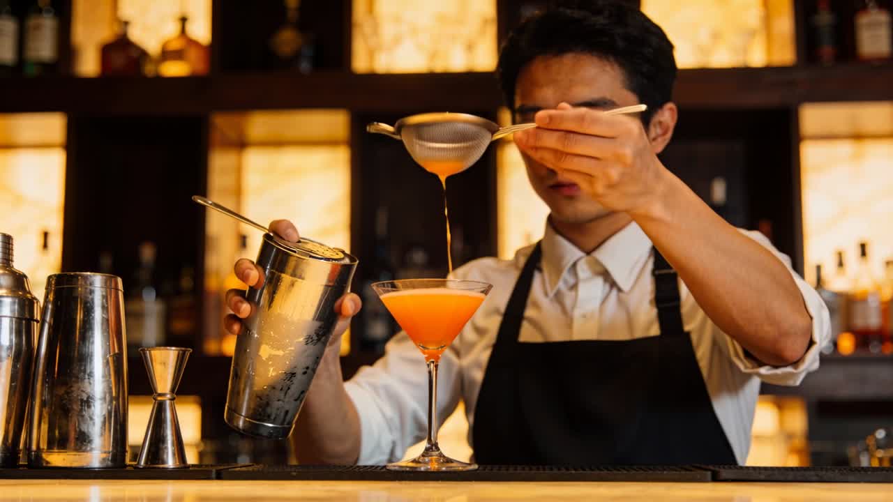 Un barman in camicia bianca e grembiule nero sta versando una bevanda arancione, filtrandola con un colino dopo averla shakerata, per servirla.