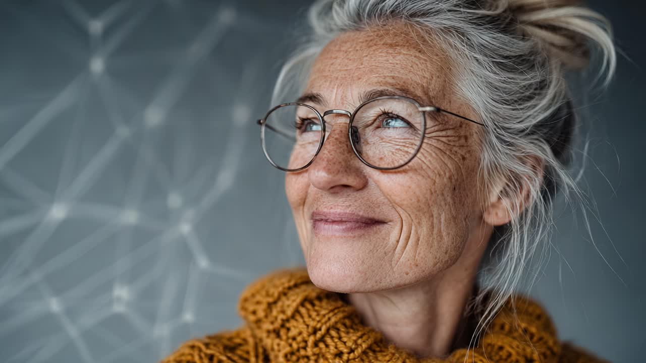 A Reflective Moment: A Smiling Elderly Woman with Gray Hair and Glasses in Thoughtful Contemplation Against a Soft, Abstract Background