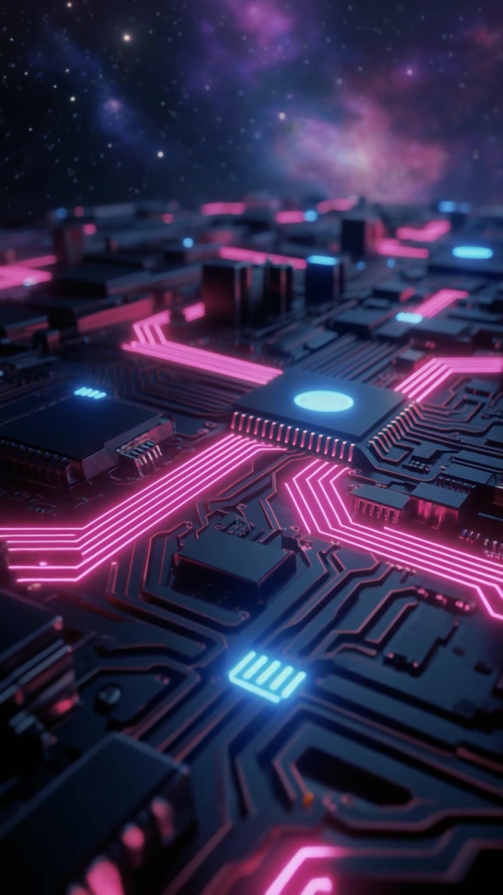 Futuristisk printplade med glødende datastrømme i dybet af rummet