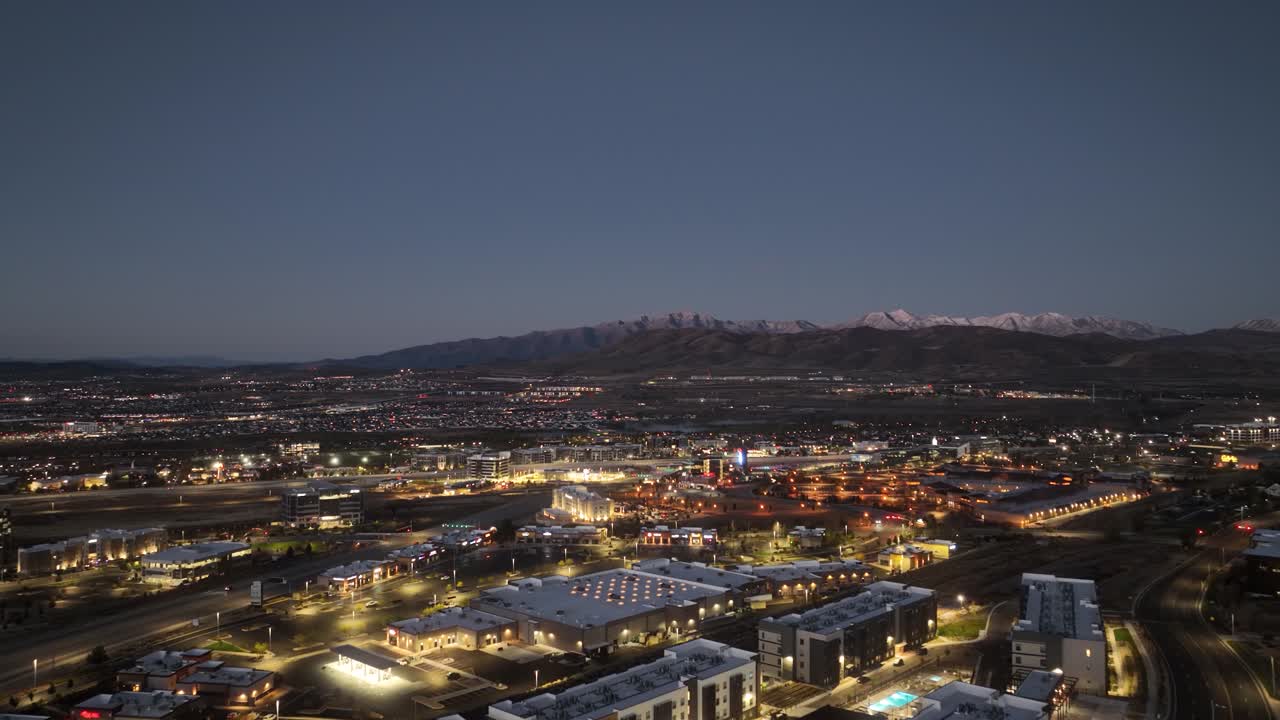 Twilight At Silicon Slopes In Utah, A Major City For Technology And Innovation Businesses. Aerial Pullback Shot