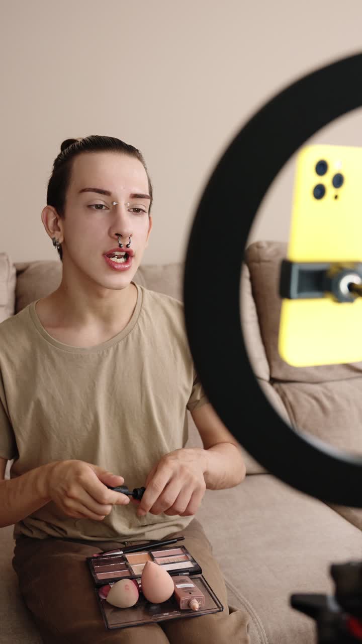 A person filming a makeup tutorial with a ring light