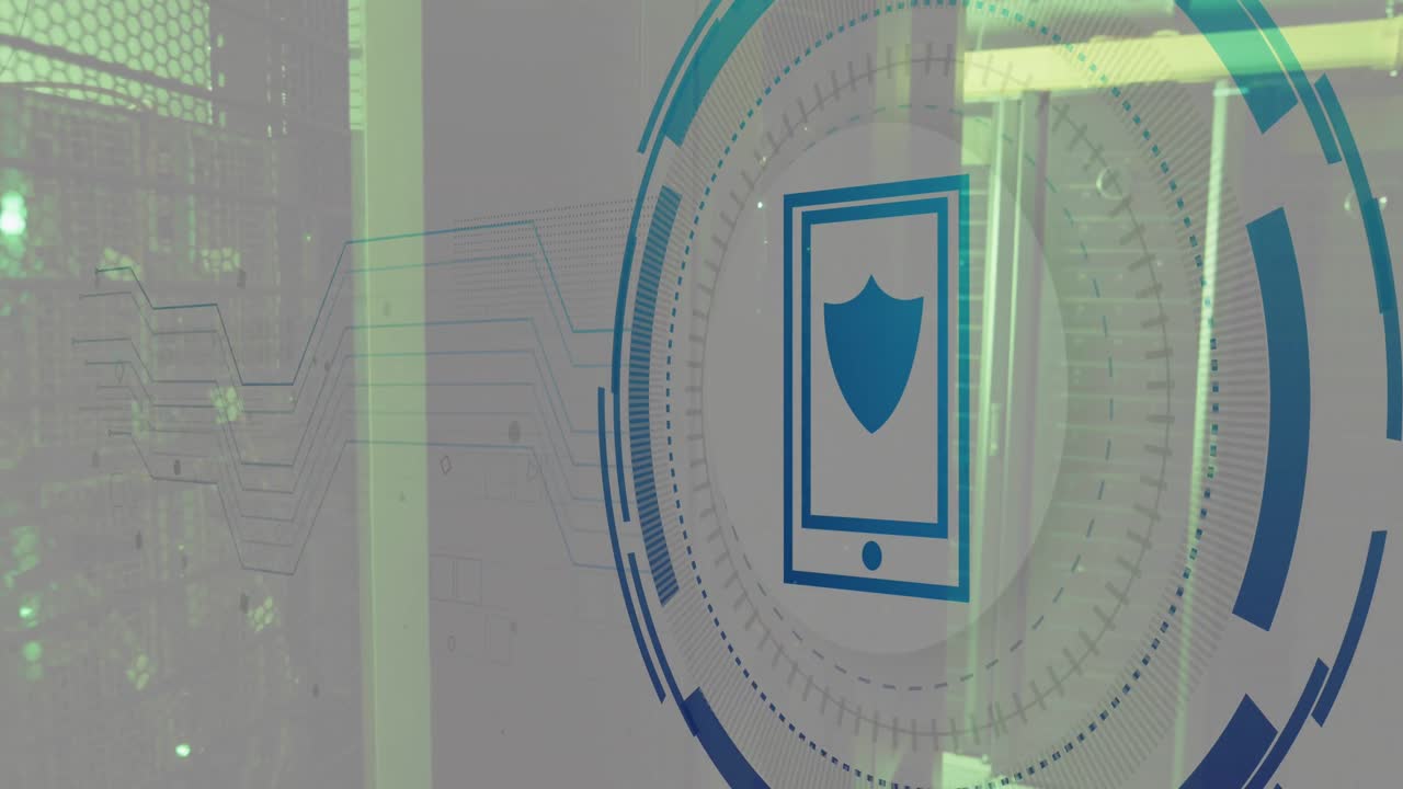 Animation of smartphone icon over data processing and server room