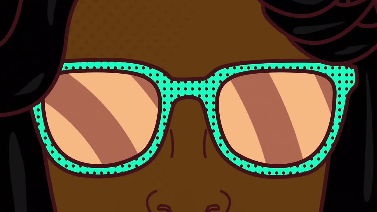 animación de una mujer con gafas icono sobre líneas en movimiento