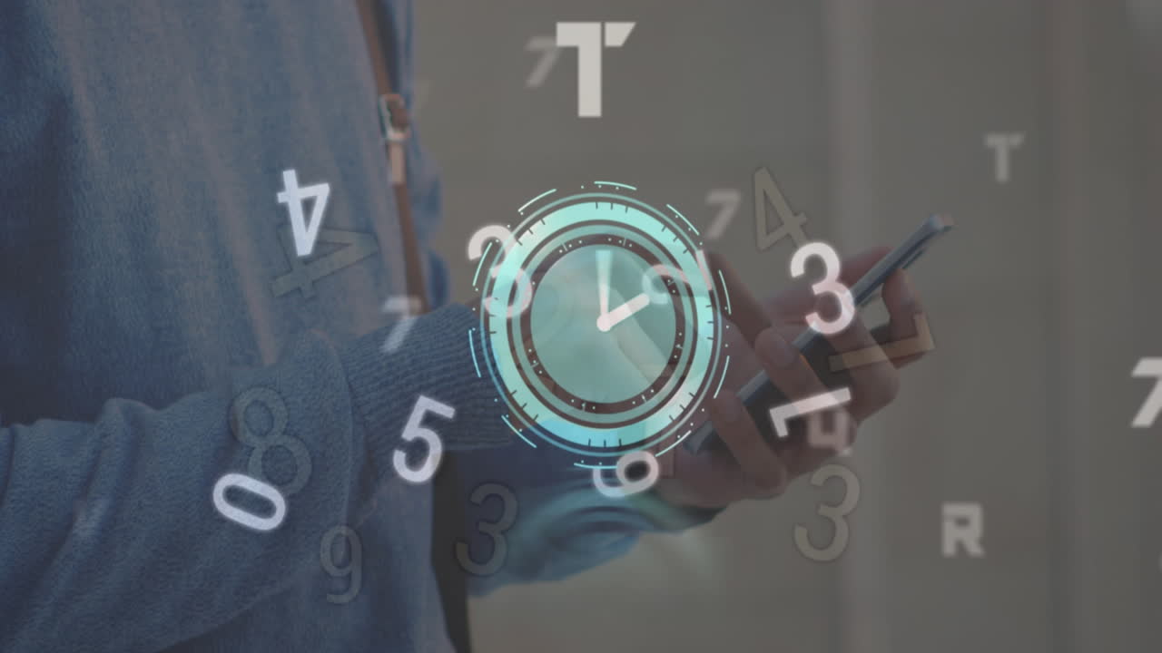 Animation of ticking clock over changing numbers against mid section of man using smartphone