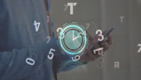 animation of ticking clock over changing numbers against mid section of man using smartphone