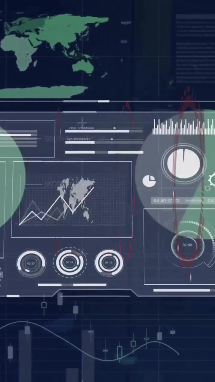 Animation of circular scanner and data processing on interface screens over computer server room