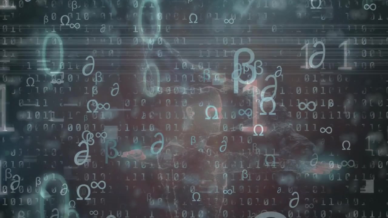 Animazione di codifica binaria, elaborazione dati e filamento di DNA in rotazione