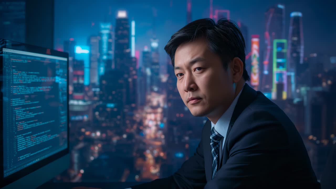Facing camera, businessman shifting gaze to glowing monitor in nighttime office, with code focus