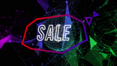 Animation-of-sale-over-globe-with-connections-and-colorful-shapes-on-black-background
