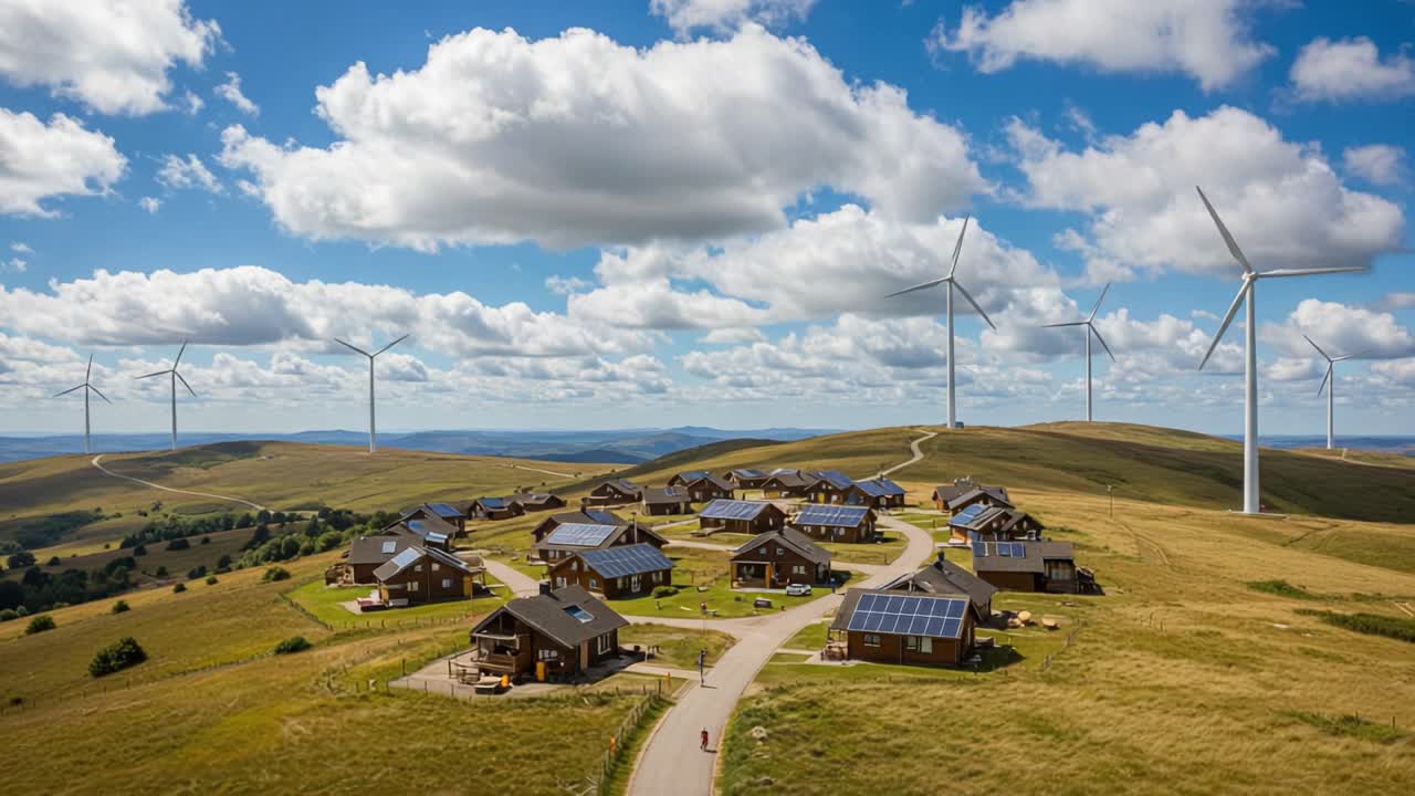 Aerial View of Sustainable Community with Solar-Powered Homes and Wind Turbines Under Bright Blue Skies and Fluffy Clouds, Showcasing Eco-Friendly Living