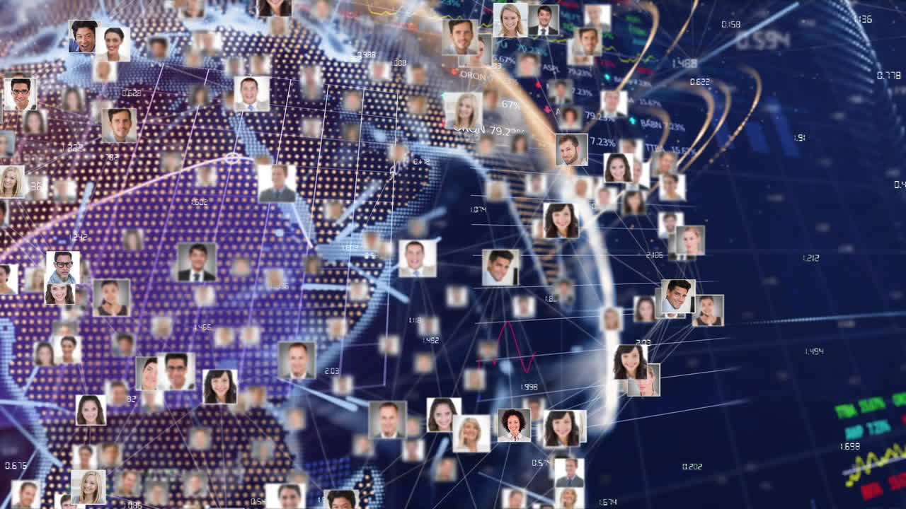 Animazione di elaborazione dati e icone di persone su sfondo blu