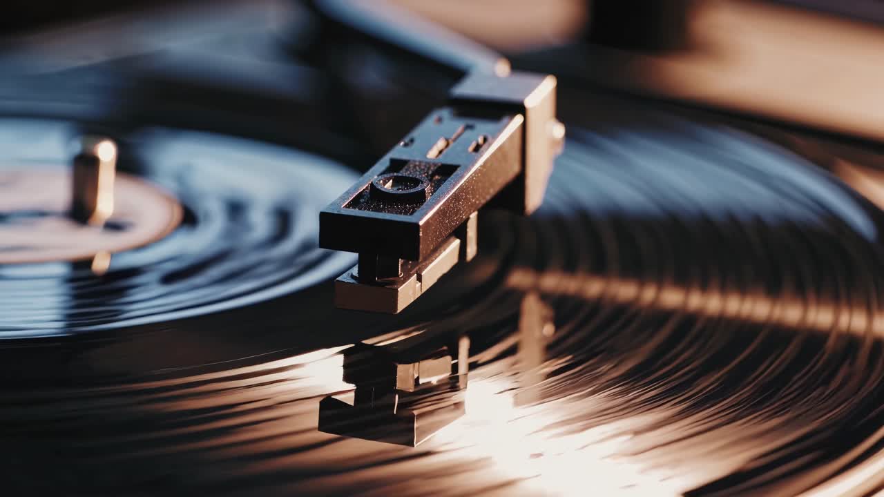 Close-up video of a vinyl record player in motion, capturing the needle on the grooves
