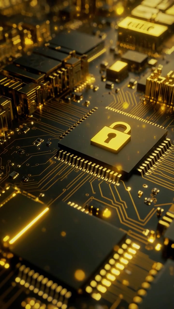 Golden Padlock Icon on Futuristic Computer Circuit Board