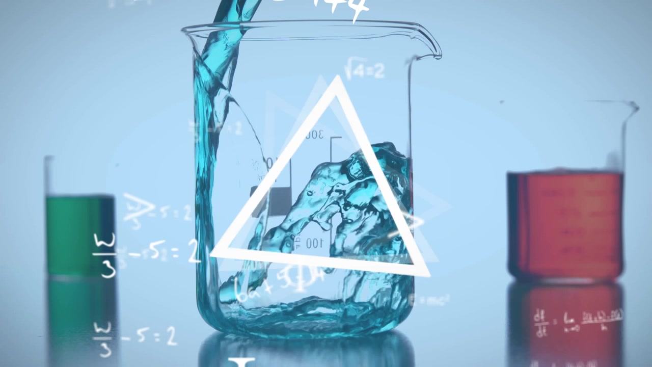 Animation of mathematical equations, rotating trinagle over blue liquid falling in glass beaker