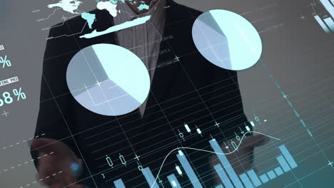 animation of diagrams, data processing, stock market and world map over caucasian businessman