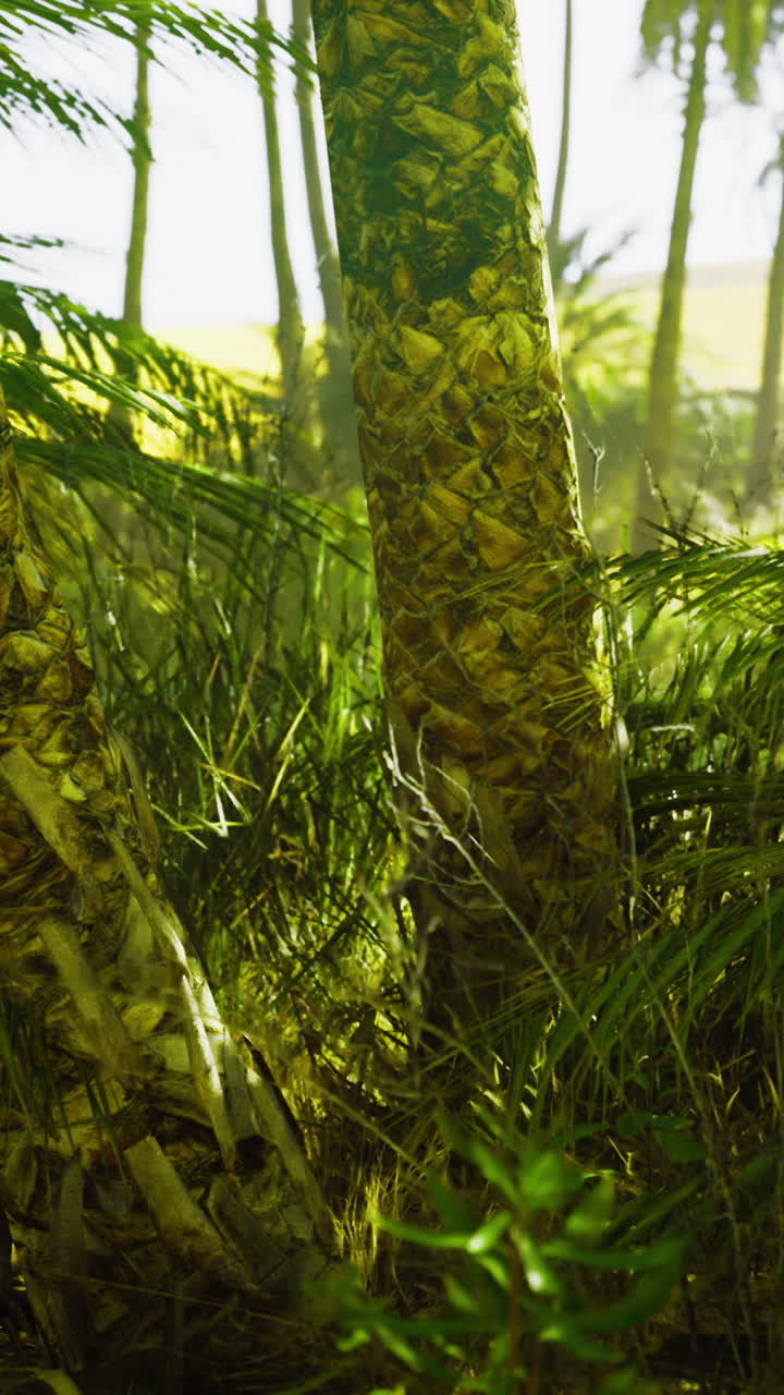Lush green landscape featuring tropical palms and vibrant foliage in sunlight