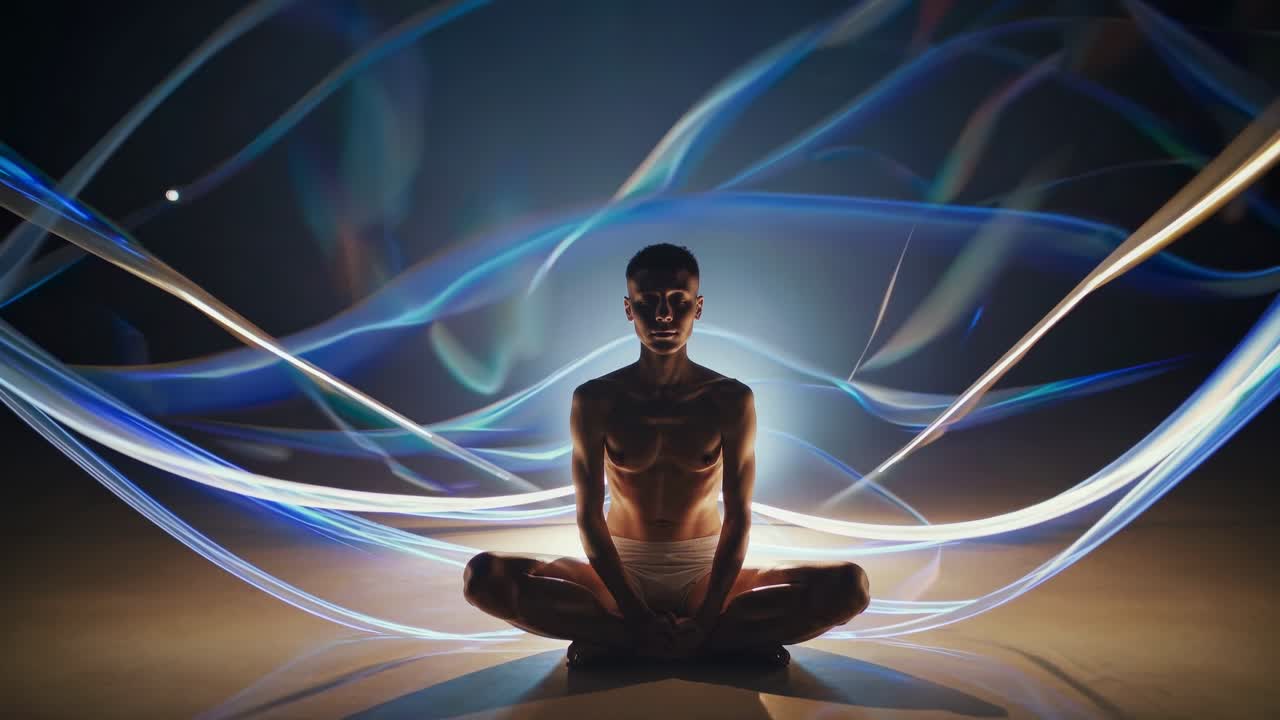 Persona che medita nella posizione del loto con scie di luce astratte e luminose