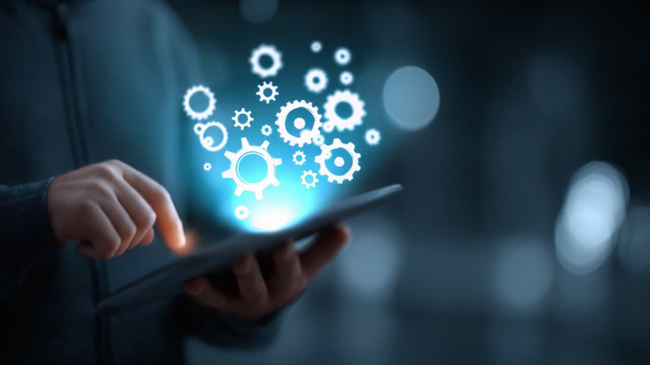 Exploring the Future of Technology: A Person Interacting with a Tablet Displaying Innovative Gears and Digital Concepts for Modern Innovations