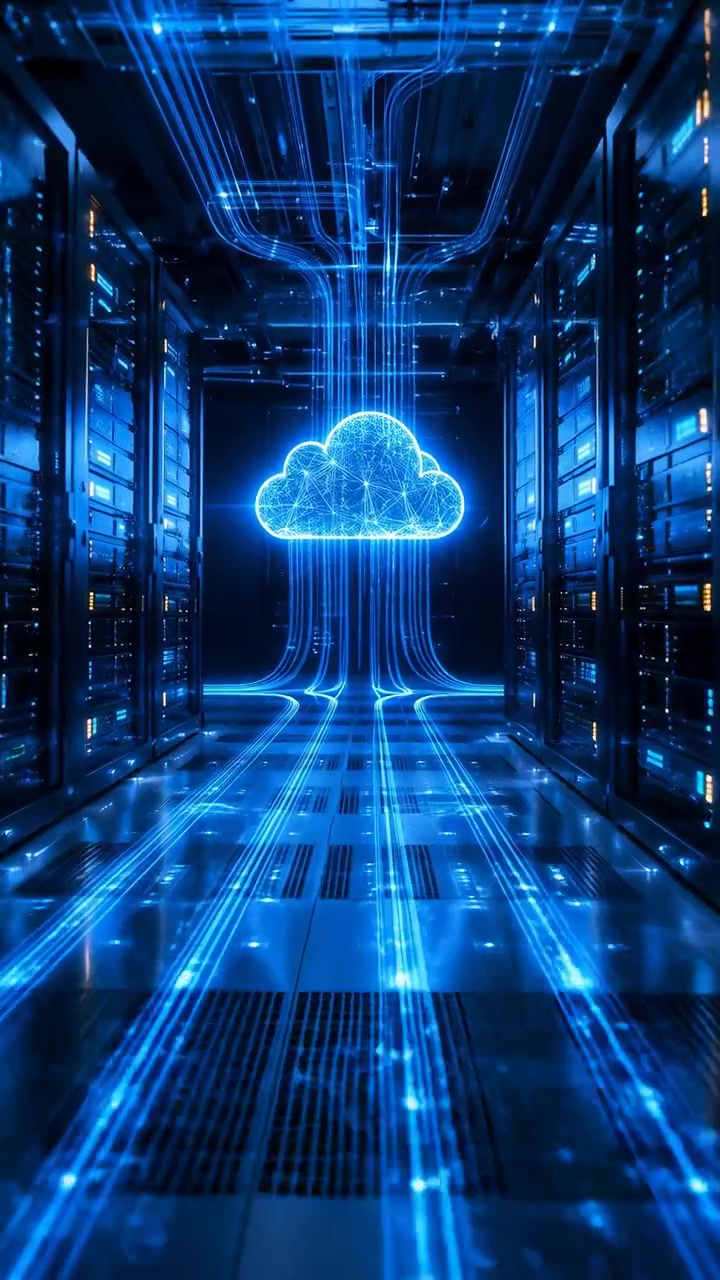 Blue Server Corridor With Glowing Cloud, Secure Dataflow Streaming Across Racks And Floor, Fiber Pathways