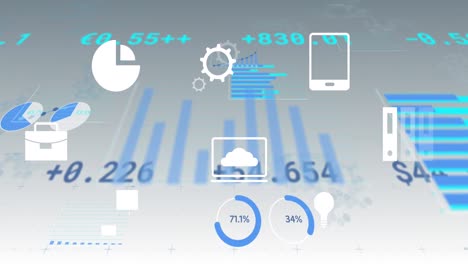 animation of multiple digital icons and statistical data processing against grey background