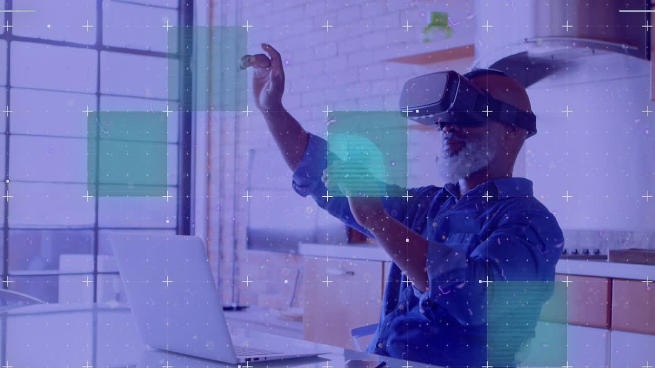 Light trails over grid network against african american man wearing vr headset at home