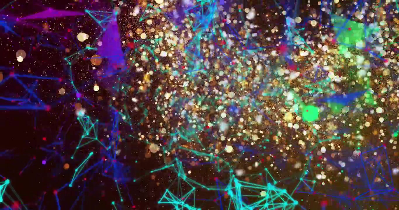 All'emergere di un cluster dorato, la rete pulsa e nastri si intrecciano visualizzando la dispersione di energia.