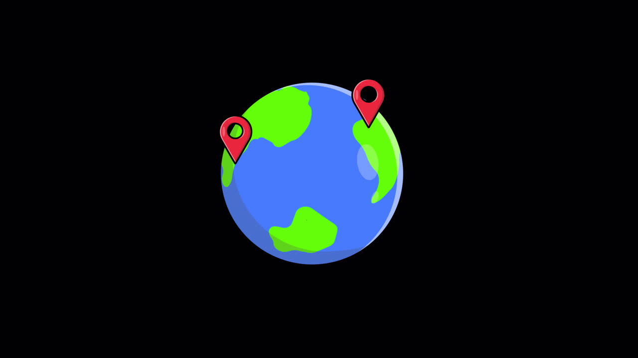 Cartoon Earth Globe with Red Location Pins Appearing