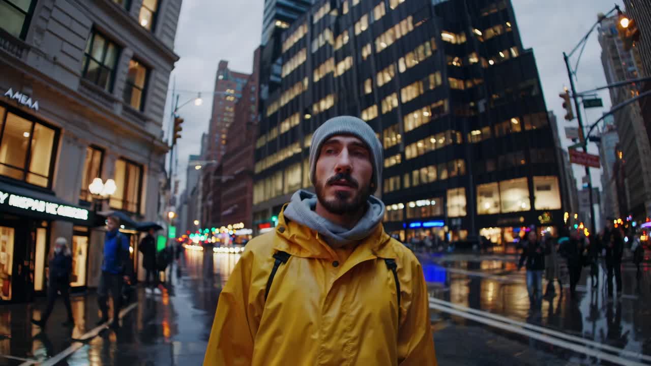 노란색 레인코트를 입은 남자가 비가 오는 도시 거리를 고 있다