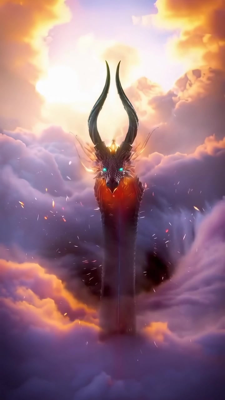 Drago maestoso che emerge dalle nuvole al tramonto