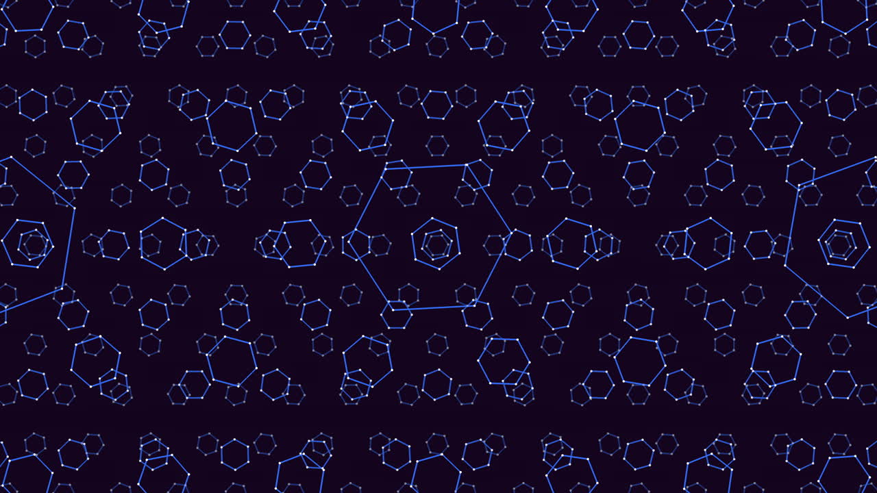 An intricate blue geometric pattern with connected shapes forms a symmetrical design. Ideal as a background or texture in diverse design applications