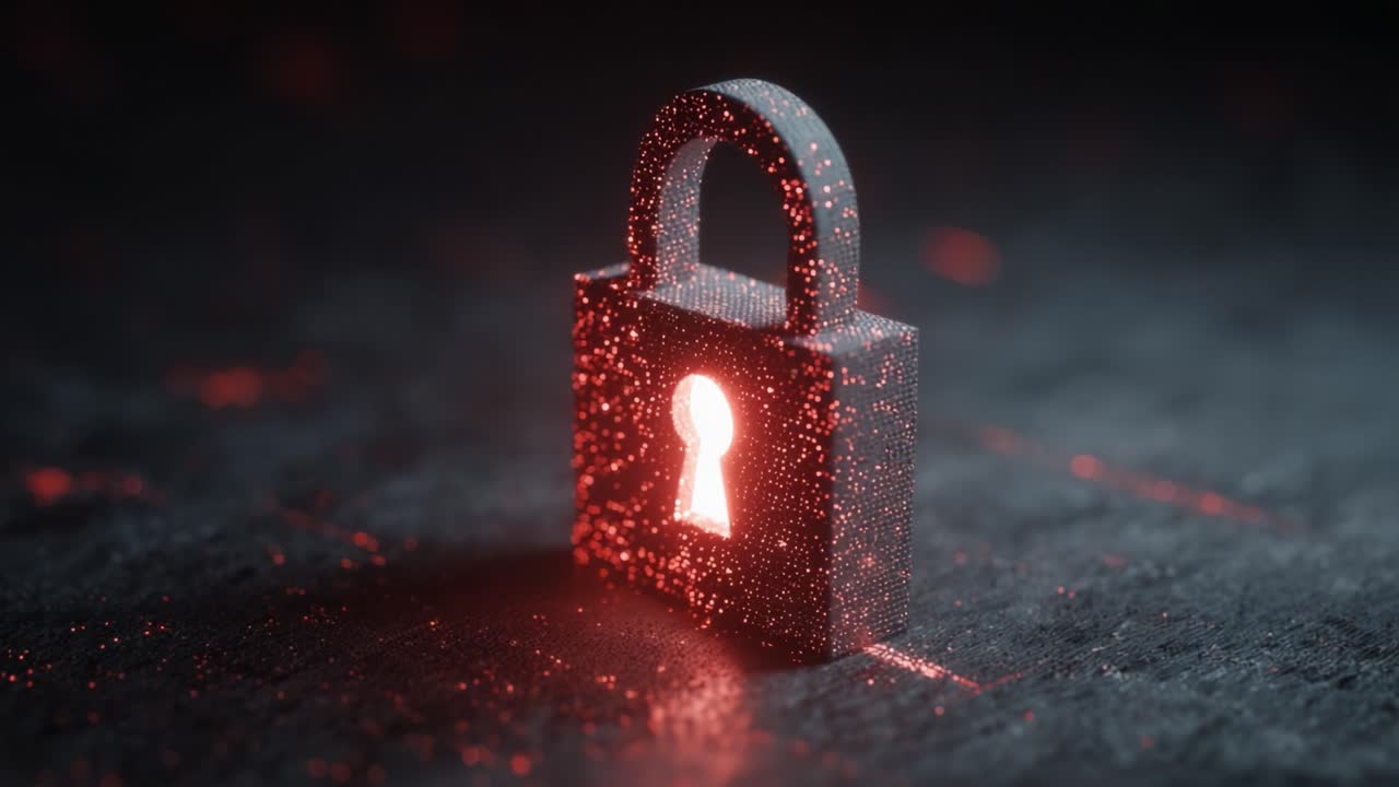 A striking visual representation of a digital lock, showcasing intricate details and glimmering red particles that symbolize data security and cybersecurity in the digital age
