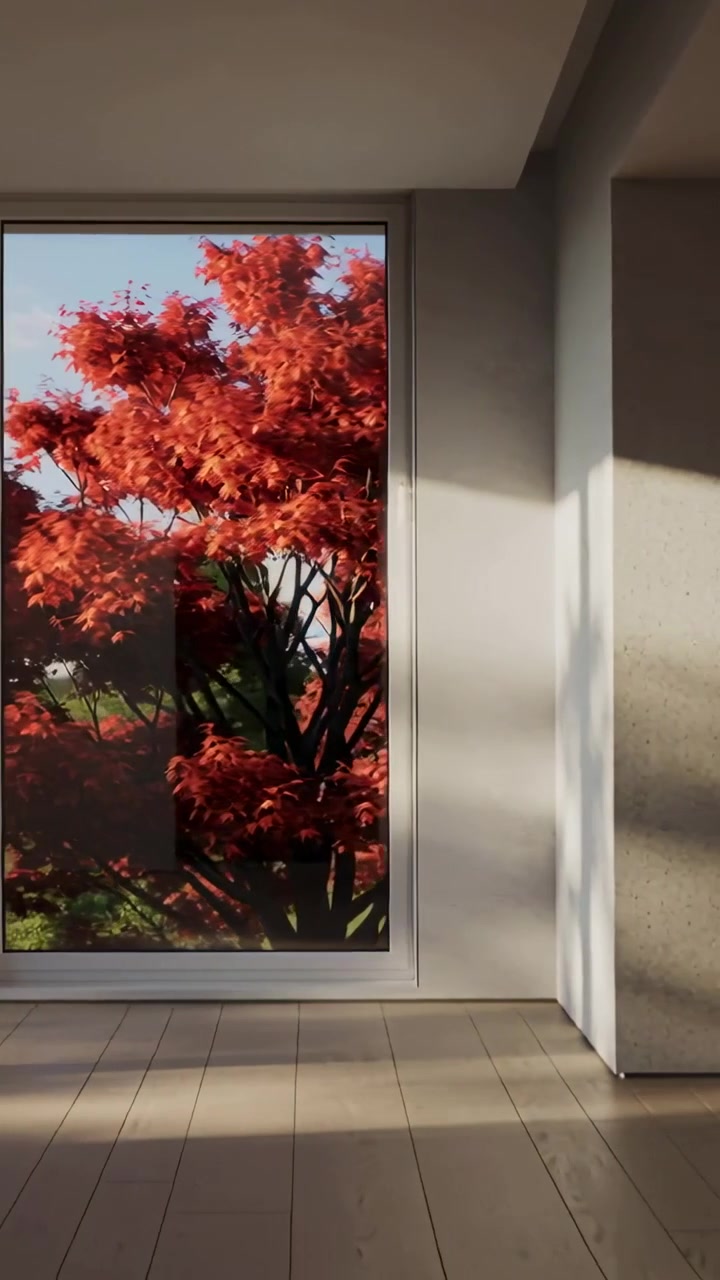 Video verticale: Telecamera che panoramica dalla finestra sinistra attraverso una stanza moderna, rivelando un albero con foglie rosse.