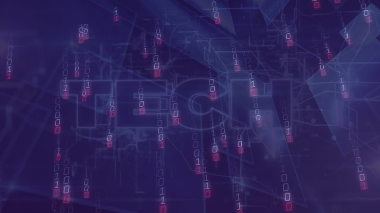 animación de texto técnico y codificación binaria sobre formas