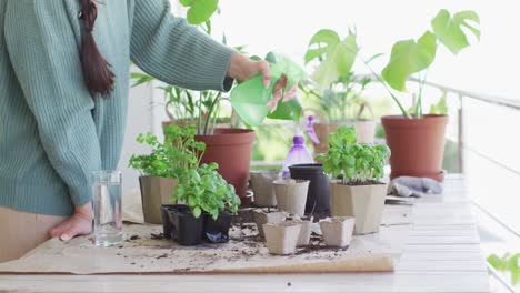 Caucasian-woman-watering-plants-of-basil-and-herbs-with-sprinkler-on-balcony