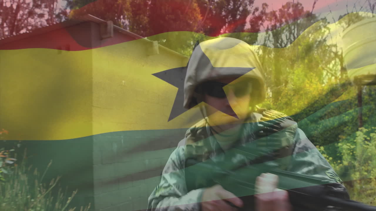 Aiming rifle, soldier in camouflage gear with Ghana flag backdrop animation