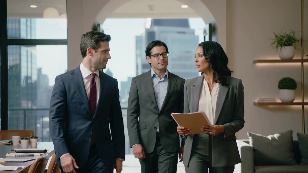 Entering double glass doors three execs in suits heading to meeting, woman checking manila folder